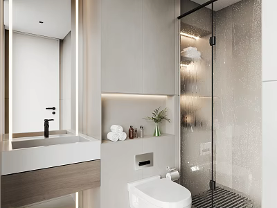 Modern Bathroom Interior Design With Wall Mounted Sink Toilet Glass Shower And Cabinet Mirror 3d model