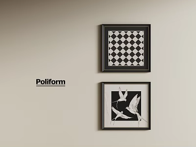Black Framed Abstract Paintings with Checkerboard Pattern Flying Birds and Poliform Wall Decor 3d model