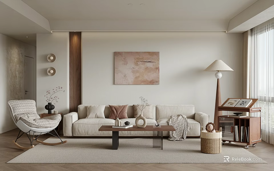 Modern Living Room Interior With Neutral Sofa Coffee Table Floor Lamp And Decorative Painting 3d model 