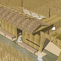 Traditional Thatched Roof Shed With Drying White Fabrics And Person Near Wheat Field