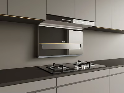 Modern Kitchen Interior With Gray Cabinets Range Hood Gas Stove And Black Countertop 3d model