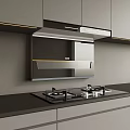 Modern Kitchen Interior With Gray Cabinets Range Hood Gas Stove And Black Countertop