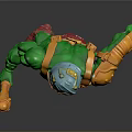 Muscular Warrior Toy Figure With Blue Helmet Green Pants Orange Armor Red Boots And Weapon