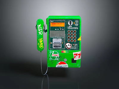 Green Public Telephone Electronic Device With Keypad Display Screen And Stickers 3d model