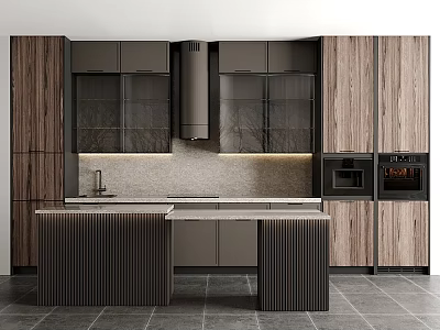 Modern Kitchen With Dark Wood Cabinets Glass Doors Island Countertop And Appliances 3d model