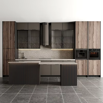 Modern Kitchen With Dark Wood Cabinets Glass Doors Island Countertop And Appliances 3d model