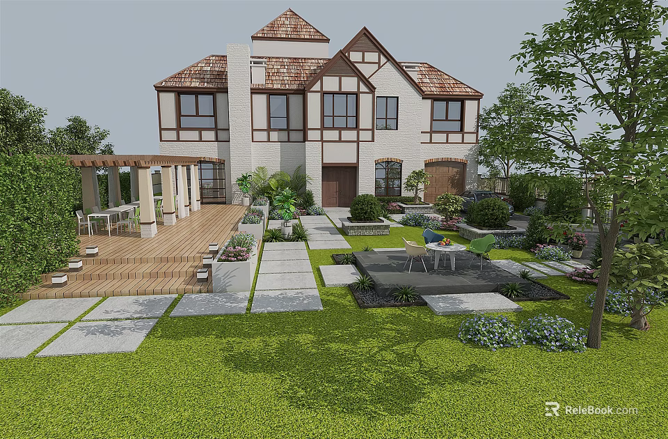 Pergola in Landscaped Garden with House Lawn Patio and Seating Area 3d model 