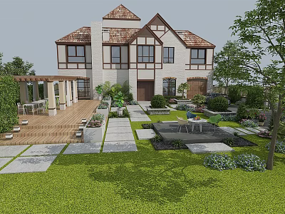 Pergola in Landscaped Garden with House Lawn Patio and Seating Area 3d model