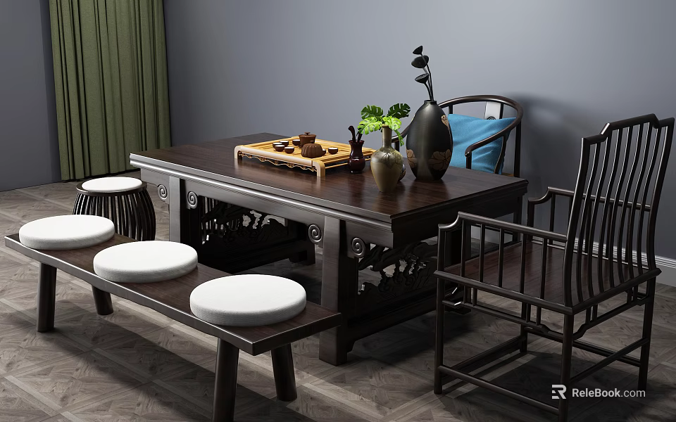 Chinese Style Dark Wood Tea Table And Chairs With Bench Tea Set Green Plant Vase 3d model 