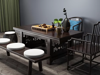 Chinese Style Dark Wood Tea Table And Chairs With Bench Tea Set Green Plant Vase 3d model