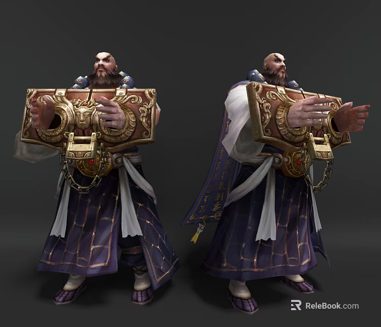 Game Film Character Bald Headed With Ornate Attire Golden Decorations Purple Robes And Chains 3d model 
