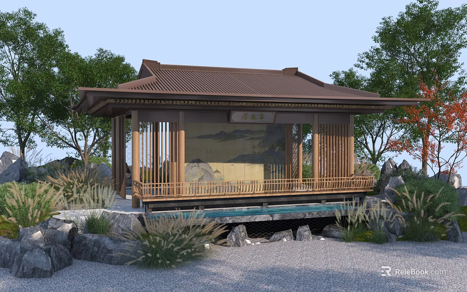 Traditional Japanese Wooden Pavilion With Stone Landscaping Pond And Green Plants 3d model 