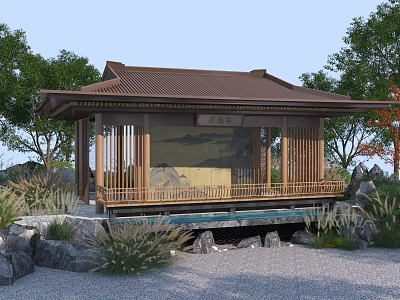Traditional Japanese Wooden Pavilion With Stone Landscaping Pond And Green Plants 3d model