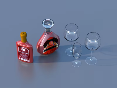 Two Red Wine Bottles and Three Clear Glass Wine Glasses Displayed Together 3d model