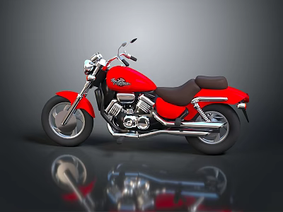 Red Cruiser Motorcycle With Black Seat And Silver Exhaust Parts On Floor Reflection 3d model