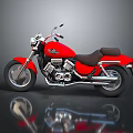Red Cruiser Motorcycle With Black Seat And Silver Exhaust Parts On Floor Reflection