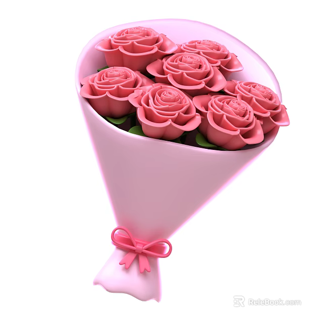 Beautiful Pink Roses Bouquet With Pink Wrapping And Ribbon Bow 3d model 