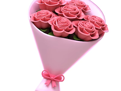 Beautiful Pink Roses Bouquet With Pink Wrapping And Ribbon Bow 3d model