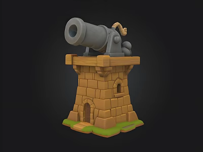 3D Model Of Cannon On Stone Tower With Wooden Platform And Green Grass 3d model