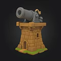 3D Model Of Cannon On Stone Tower With Wooden Platform And Green Grass