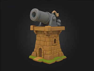 3D Model Of Cannon On Stone Tower With Wooden Platform And Green Grass 3d model 3D Model Of Cannon On Stone Tower With Wooden Platform And Green Grass 3d model