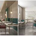 Modern Restaurant Interior With Wooden And Green Accent Walls Teal Chairs And Hanging Pendant Lights