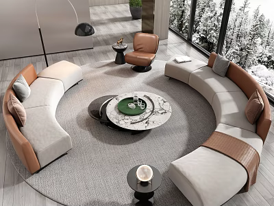 Modern Curved Sofa Coffee Table Set Beige Brown Upholstery Marble Top Snowy Window View 3d model