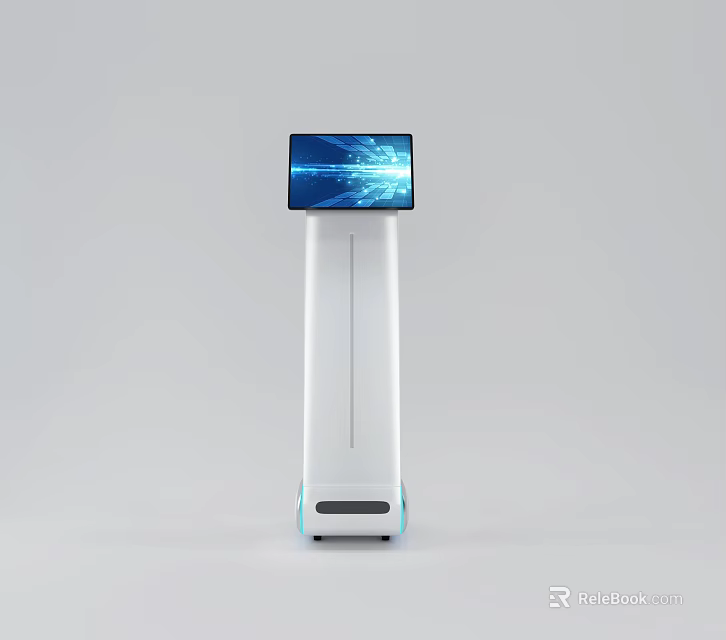 Public Facility Interactive Kiosk With Blue Wheels And Touch Screen 3d model