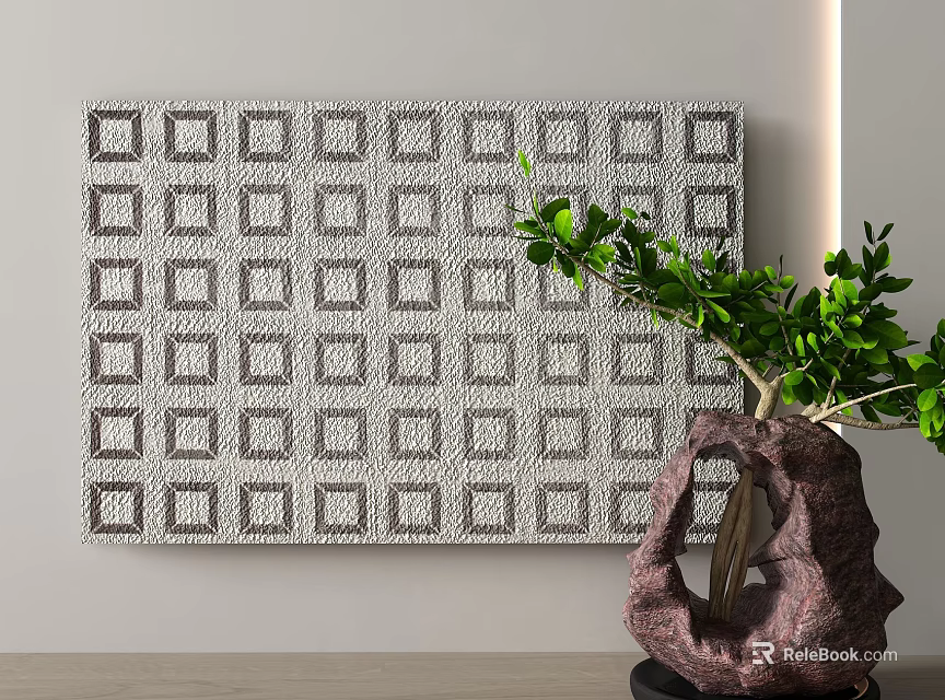 Square Rug With Gray And White Geometric Pattern Accompanied By Green Plant In Stone Planter 3d model 
