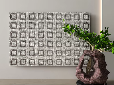Square Rug With Gray And White Geometric Pattern Accompanied By Green Plant In Stone Planter 3d model