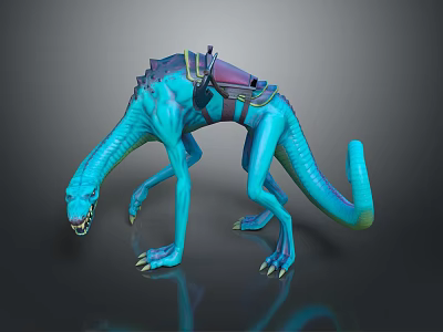 Detailed Blue Creature Character as Game Movie Mount with Long Neck Tail and Saddle Gear 3d model