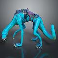 Detailed Blue Creature Character as Game Movie Mount with Long Neck Tail and Saddle Gear