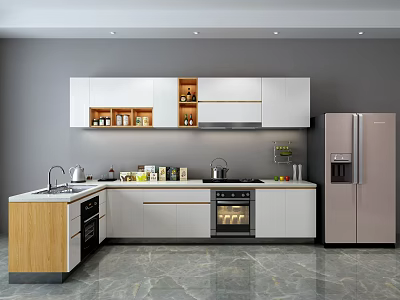 Modern Kitchen Interior Design With White Cabinets Wooden Countertop Oven And Refrigerator 3d model