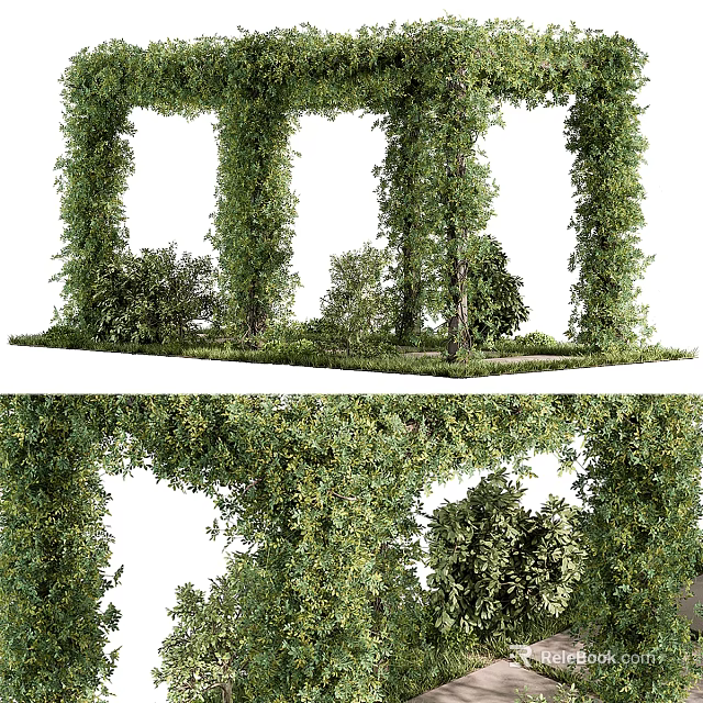 Lush Garden Landscape With Vine Covered Arches Bushes And Green Grass 3d model 
