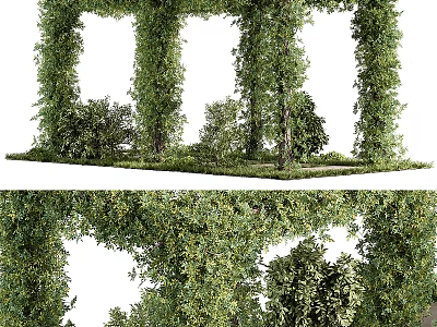 Lush Garden Landscape With Vine Covered Arches Bushes And Green Grass 3d model