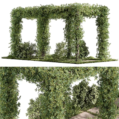 Lush Garden Landscape With Vine Covered Arches Bushes And Green Grass 3d model