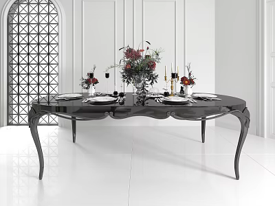 Modern Black Dining Table Set With Floral Arrangement Tableware And Candles In White Room 3d model