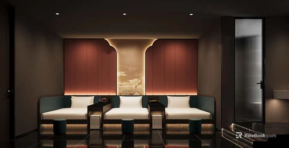Luxurious SPA Sauna Lounge Interior With Comfortable Seating Warm Lighting And Decorative Wall Art 3d model 