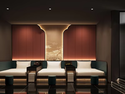 Luxurious SPA Sauna Lounge Interior With Comfortable Seating Warm Lighting And Decorative Wall Art 3d model