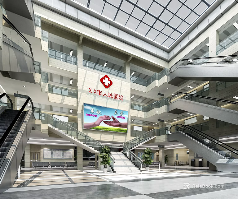 Spacious Modern City People's Hospital Lobby With Glass Skylight Escalators Staircases And Large Screen 3d model 