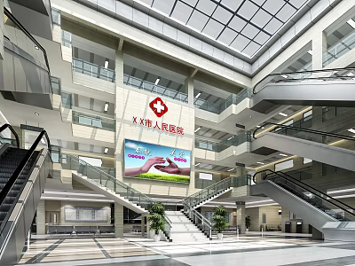 Spacious Modern City People's Hospital Lobby With Glass Skylight Escalators Staircases And Large Screen 3d model