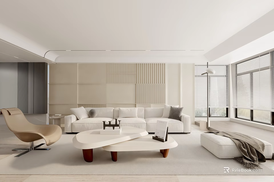 Modern Living Room Interior Design With Beige Sofa Coffee Table And Large Windows 3d model