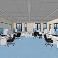 Modern Public Office Space Interior With Computers Desks Office Chairs Blue Carpet And Windows 3d model