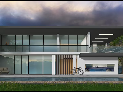 Modern Detached Villa Exterior With Large Glass Windows Balcony Glass Railing And Lawn 3d model