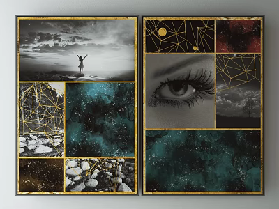 Golden Framed Decorative Wall Art With Abstract Elements And Scenic Designs 3d model