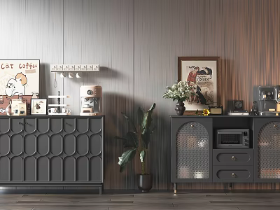 Gray Hexagonal Texture Sideboard with Coffee Machine Green Plant and Glass Doors on Wooden Wall 3d model