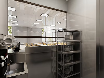 Commercial Kitchen Interior Featuring Stainless Steel Counter Shelves Dishes And Large Mirror 3d model