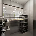 Commercial Kitchen Interior Featuring Stainless Steel Counter Shelves Dishes And Large Mirror