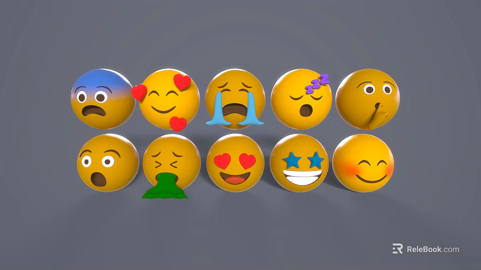 Decorative Ornament Set with Various Expressions Yellow Smiley Faces Hearts Stars Bows 3d model 