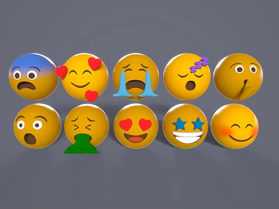 Decorative Ornament Set with Various Expressions Yellow Smiley Faces Hearts Stars Bows 3d model